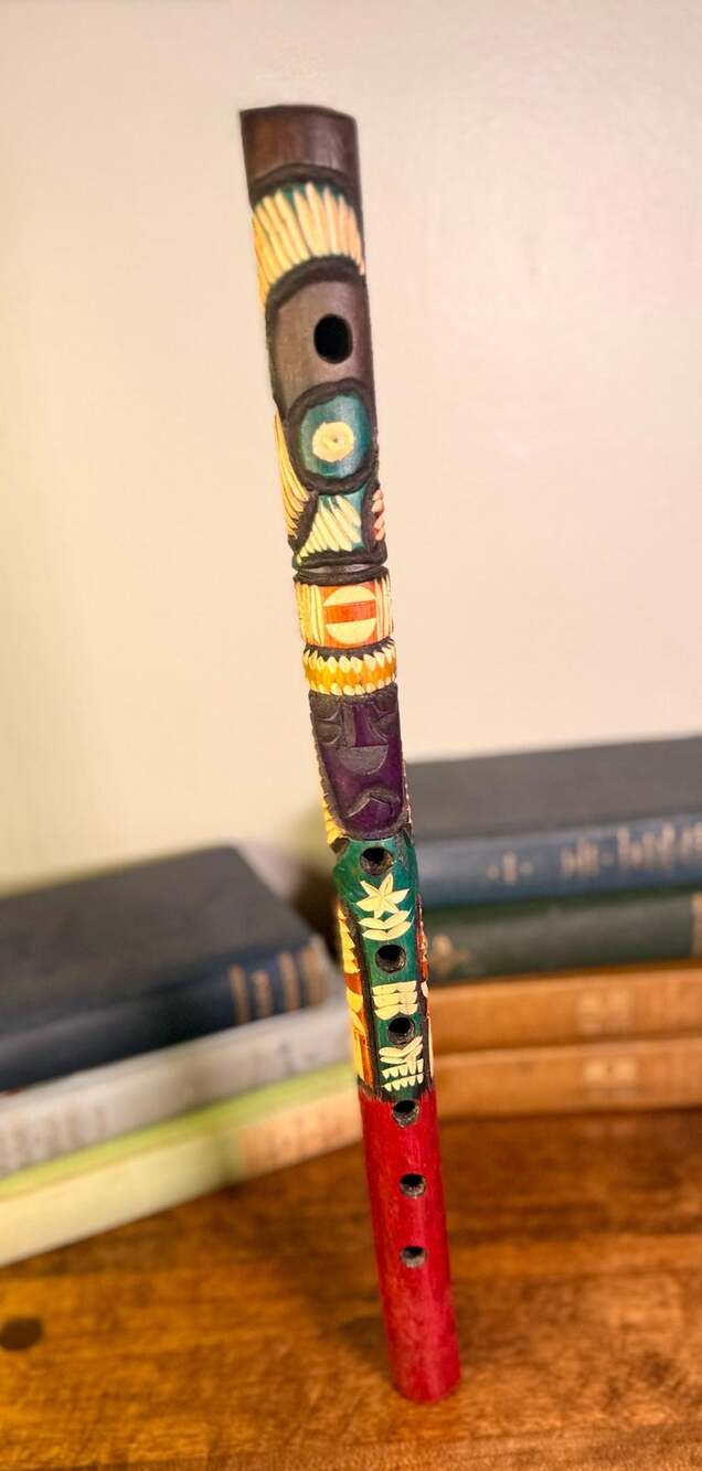 Vintage Style Hand Carved Wooden Flute | Painted Folk Art | Global Decor